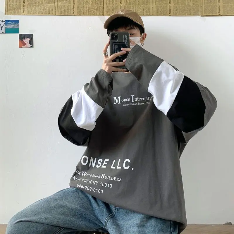 

Футболка y2k с длинным рукавом и имитацией двух частей, Мужская футболка с принтом, Новинка осени 2021, корейская мода, Тонкая Повседневная Своб...