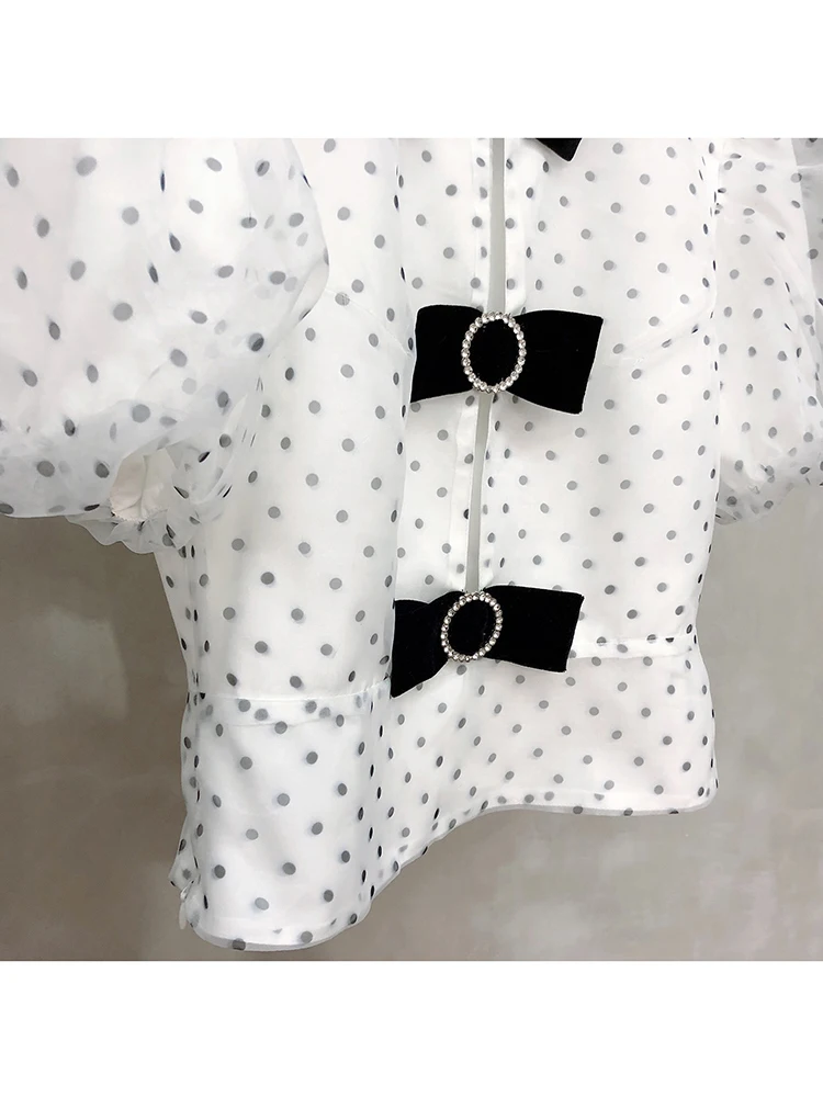 

Free shipping with diamonds bows sexy pierced puff sleeves polka dots shirt ladies summer new fashion personality wild tops XL