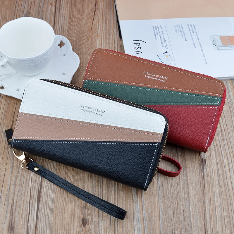 

Women's Double Zipper Pu Leather Wallet Splicing Large Capacity Long Coin Purse Ladies Wristband Money Clip Card Holder Clutch