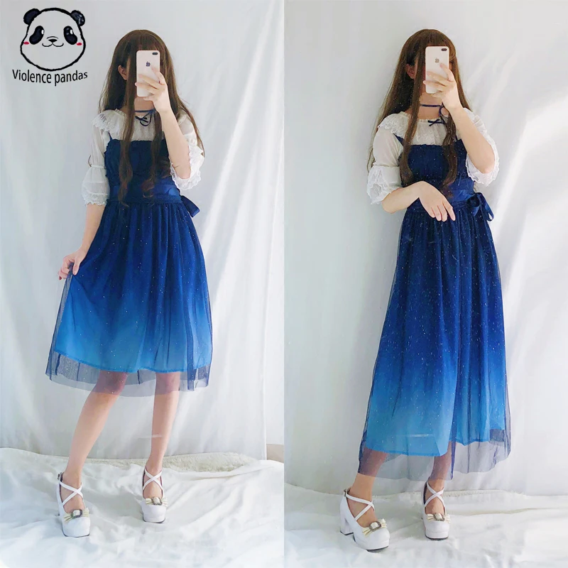 JSK Shinning Stars Lolita Dress Gradient JSK Star Blue Girls Solid Fancy Dress Lace Ruched Pleated Dress With Shirt Set