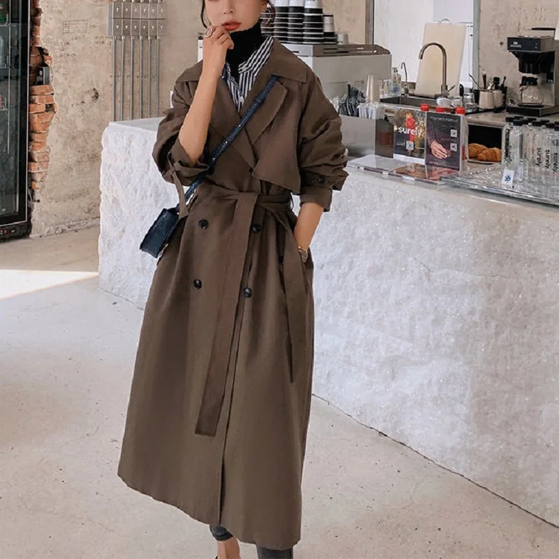 

Women's Coat Outwear Long Trench Double Breasted Windbreaker Belted Spring Fall Fashion High Street Elegant OL Casual England