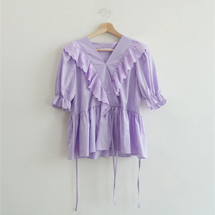 Новый 2021 летние женские блузки с v-образным вырезом буфами на рукавах в винтажном