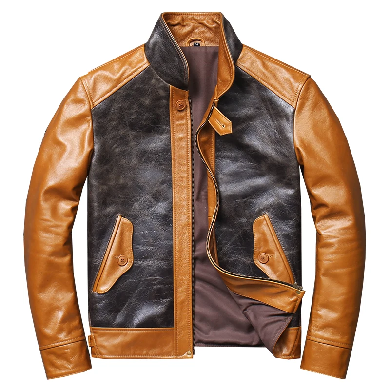 

Men's Genuine Batik Top Layer Cowhide Leather Jacket Short Stylish Slim fit Splicing Motorcycle Suit Cowhide Leather Jacket Coat