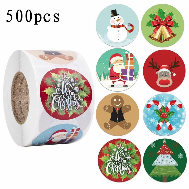 

500Pcs Christmas Gift Box Round Labels Kraft Paper DIY Gift Sticker Bag Flower Gift Box Cake Boxes Packaging Christmas Stickers