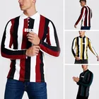 Весна-Осень 2021, модные полосатые Лоскутные Топы с длинным рукавом для мужчин, женская повседневная мужская футболка с отложным воротником и пуговицами