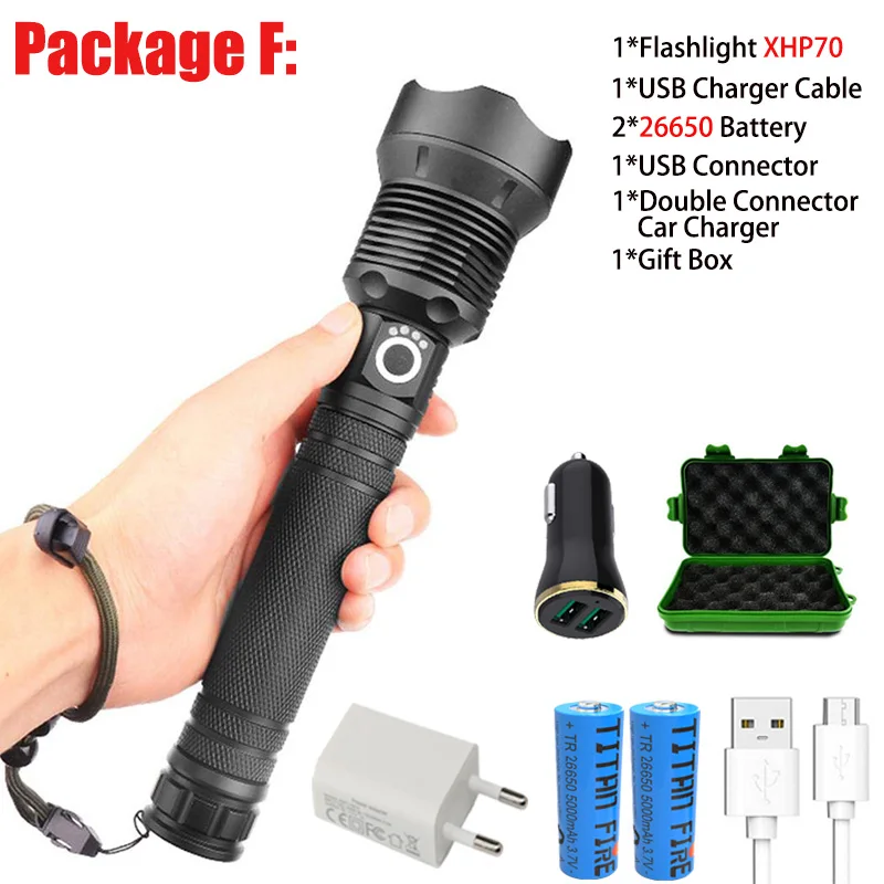 XHP70-F T20 супер яркий XHP90/XHP70 светодиодный светильник-вспышка с высокими люменами, масштабируемый перезаряжаемый индикатор мощности, мощный фонарь 26650, ручной светильник - Испускаемый цвет: XHP70-F
