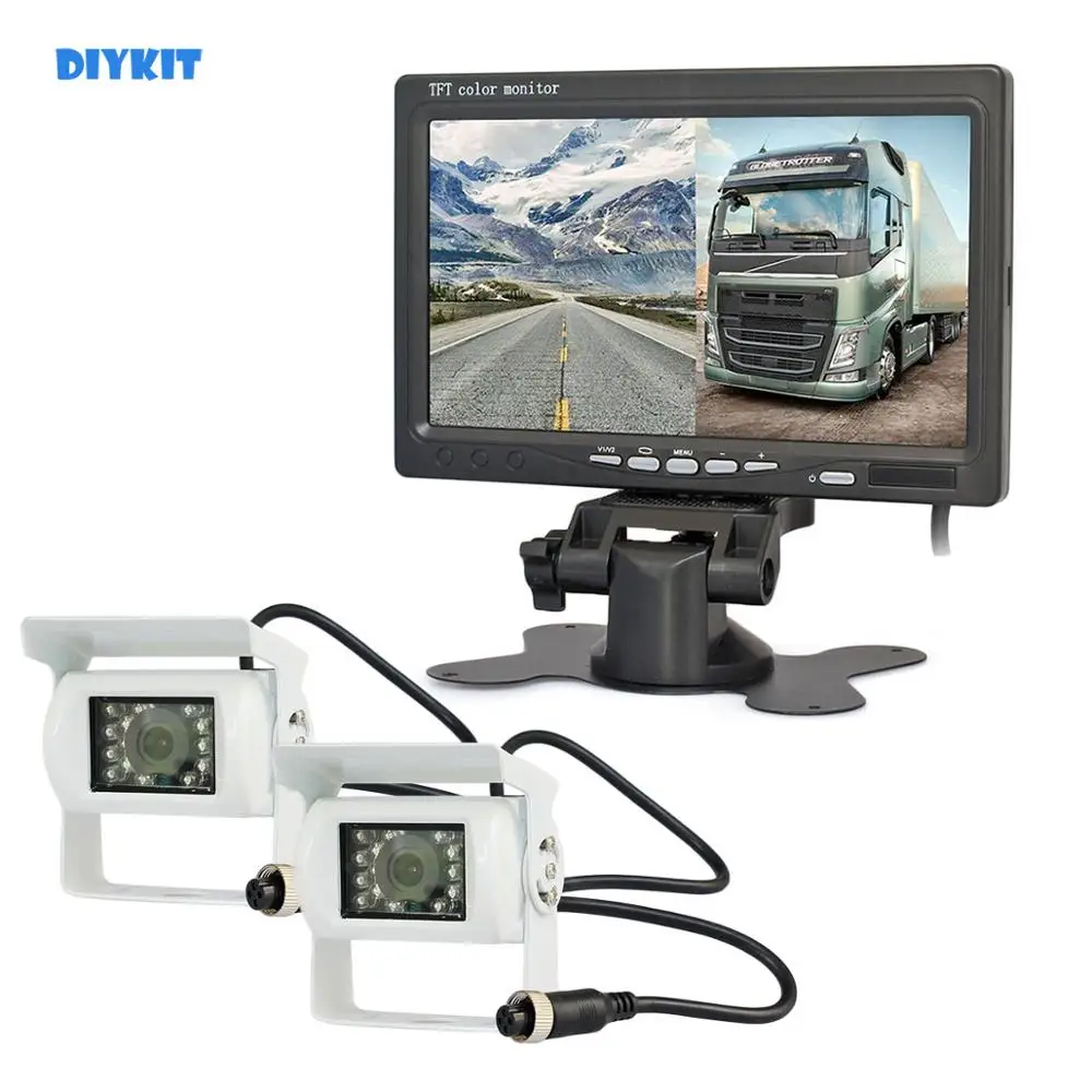 

DIYKIT DC12V - 24V 7" 2 Split LCD Screen Car Monitor HD CCD Rear View Car Camera White System for Bus Houseboat Truck