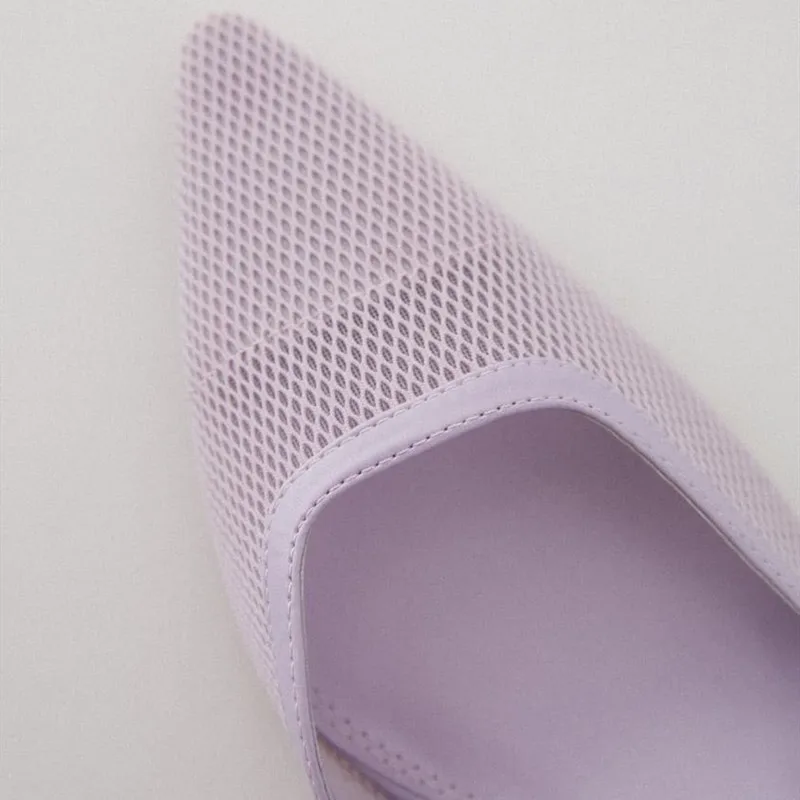 

2021 Spring And Summer Women New Purple Mesh Sandals Women Pointed Toe Med Heel Slingbacks Buckle