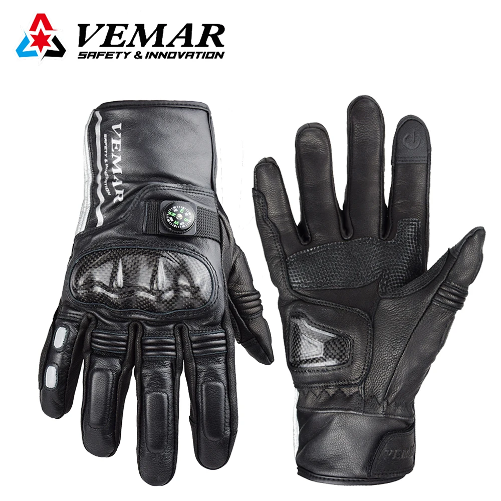 

VEMAR Winter Genuine Leather Motorcycle Gloves Men Thermal Windproof Motorbike Gloves Guantes Moto Reflective Glove With Compass
