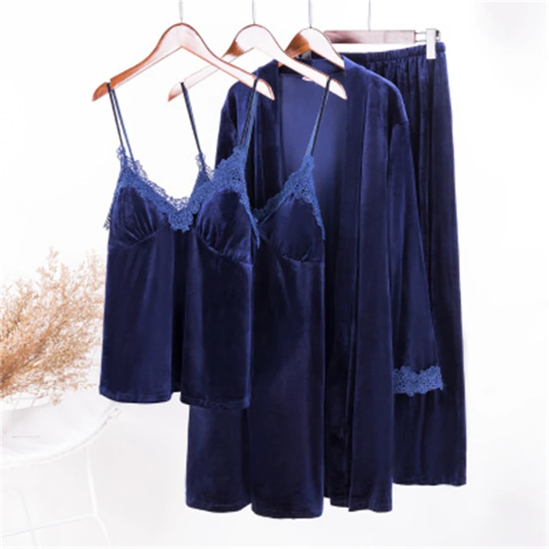 Пижама из четырех частей женская осенняя и зимняя ночная рубашка с длинным