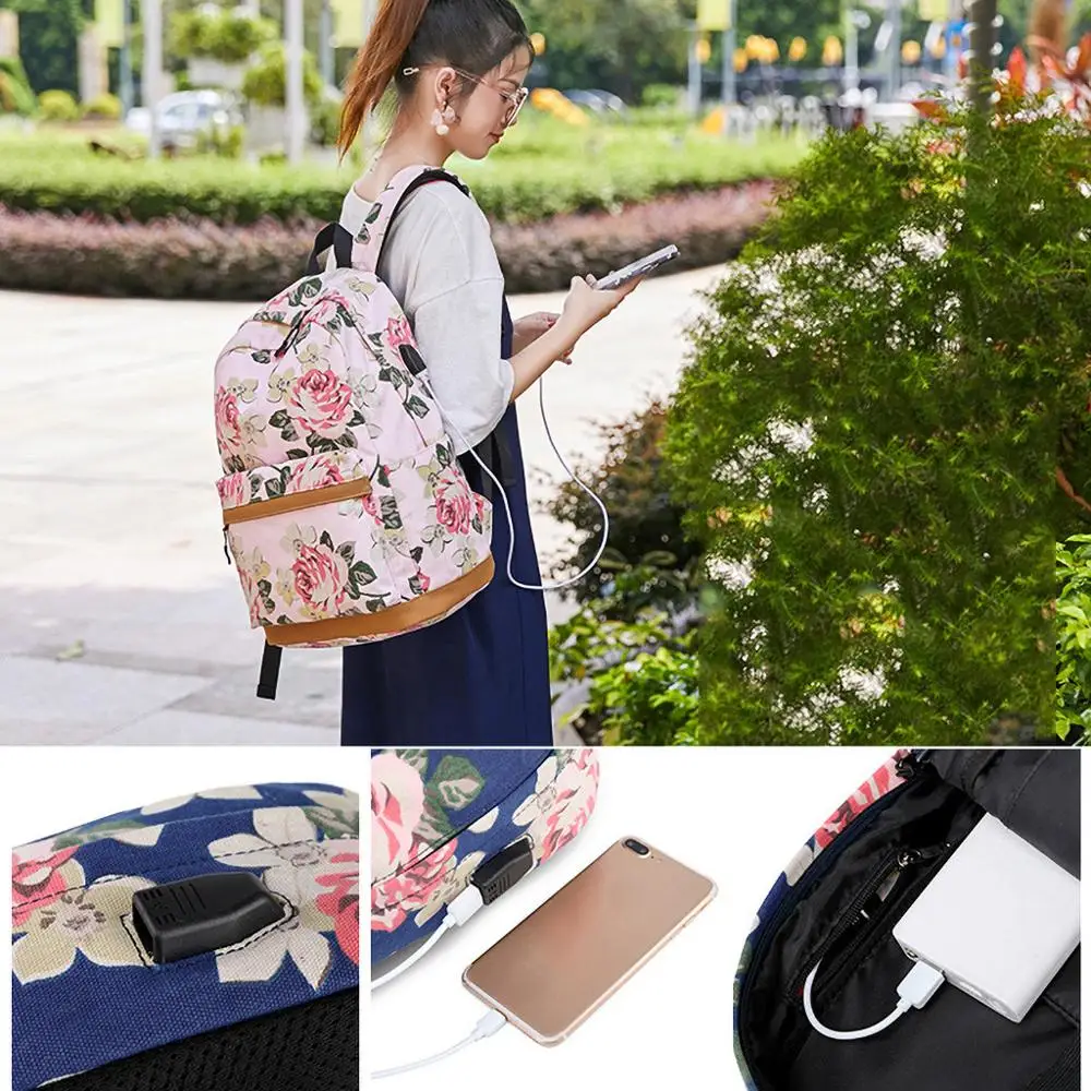 Повседневный Черный Розовый школьный рюкзак на молнии с цветочным рисунком