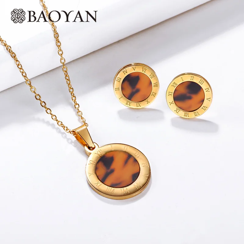 Baoyan Модный Круглый костюм леопарда комплект ювелирных изделий с гравировкой римские цифры золотое покрытие комплекты украшений для женщин из нержавеющей стали