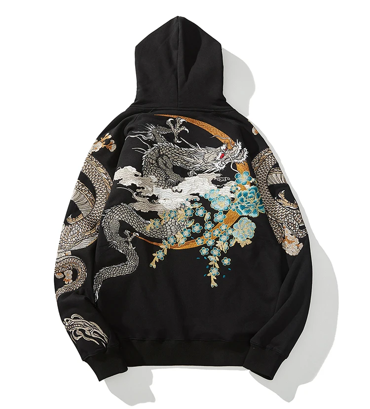 

Embroidery Aolamegs Men's Fleece Hoodies Japanese Hooded Sweatshirt Dragon Phoenix Autumn Retro Casual Pullover High Street Tops