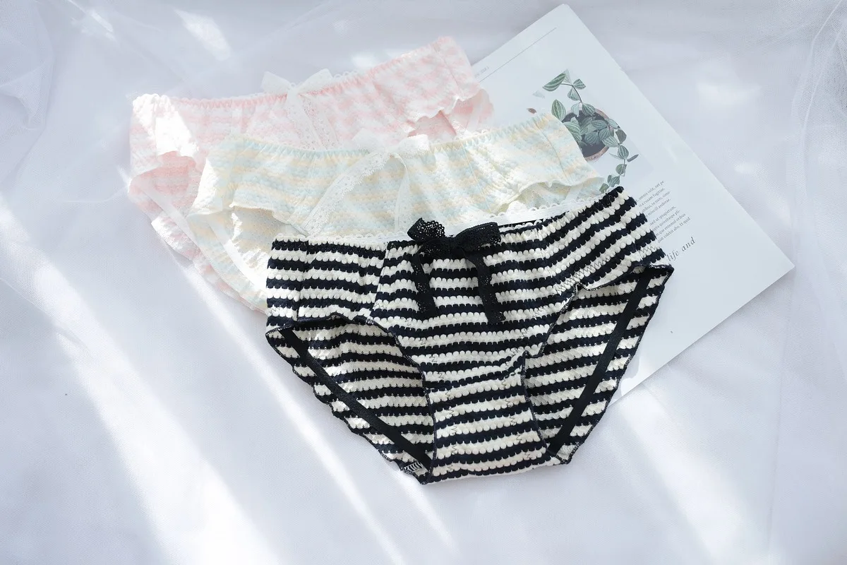 

Japanese Sexy Women's Cotton Briefs Striped Cute Underwear Seamless Thong Panties For Women Girls Low Rise 10pcs Kawaii Lingerie