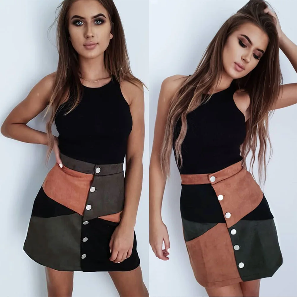 

Women Summer Button Block Suede High Waist Chic Short Skirt Casual Ladies A-line Mini Skirts Female Patchwork Skirts Clothing