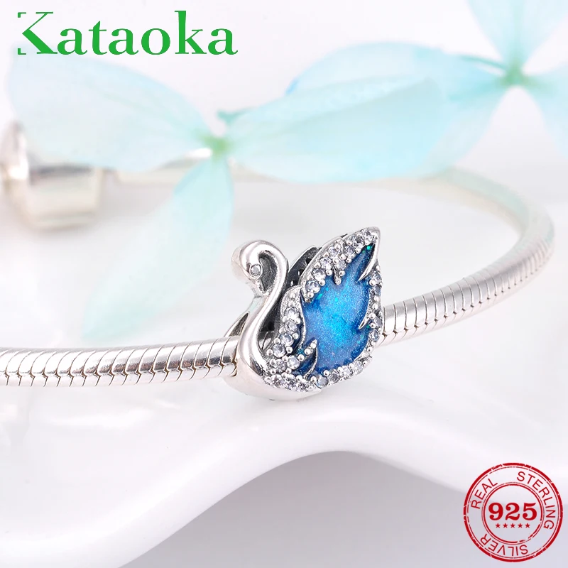 Сказочные бусины из стерлингового серебра 925 пробы с синим лебедем циркония