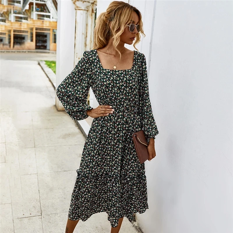 

Women's Floral Print Spring Autumn Dress Lantern Sleeve High Waist Ladies Casual Dresses Square Collar Dress for Female 2021