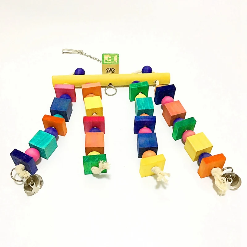 

Pet Bird Standing Perch Cage Accessories Parrot Wooden Chew Molar Colorful Toys with Bells