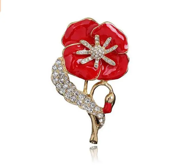 

2 Inch Clear Rhinestone Crystal Diamante Red Poppy Flower Brooches