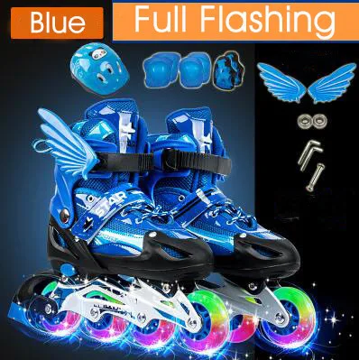Full-Set-Blue Новые детские роликовые коньки для мальчиков и девочек, регулируемый размер, мигающие ботинки для катания на роликах для детей - Цвет: Full-Set-Blue
