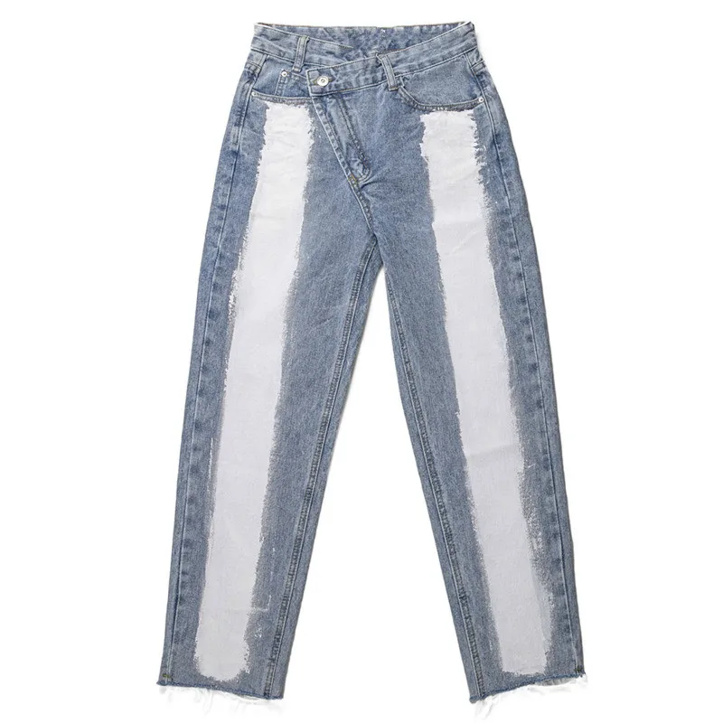 

2020 New Fashion High Waisted Women's Jeans Denim Straight Color Block Side Trousers Button Design Fit Leisure Wild