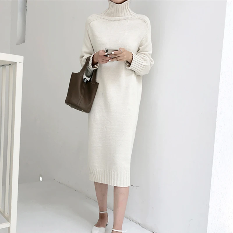 Beige Colorfaith осень-зима Для женщин с высоким, плотно облегающим шею воротником, высота до середины голени, Вязание прямые платья корейский стиль элегантный Однотонная повседневная обувь DR1635 - Цвет: Beige