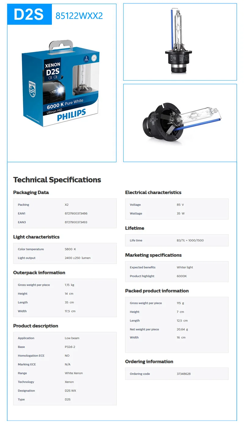 Philips HID 6000K D1S D2S D2R D3S D4S Ultinon холодный синий ксеноновый белый светильник, автомобильный обновленный головной светильник, лампочки, вспышка, быстрый запуск, пара