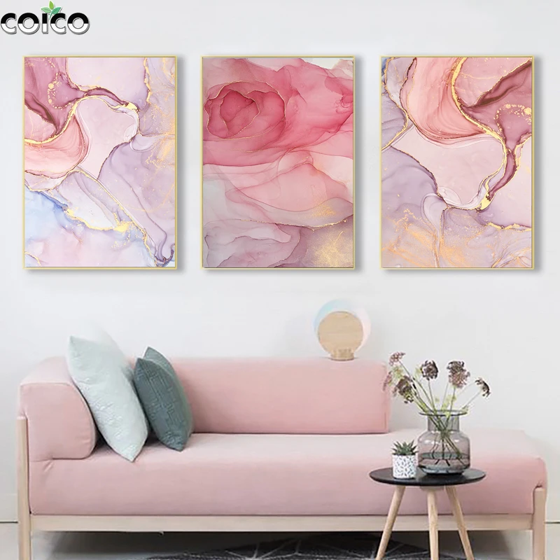 

Pink Gold Line Marble Texture Abstract Canvas Print Painting with Frame Nordic Modern Wall Home Decor Poster Modular Art Picture