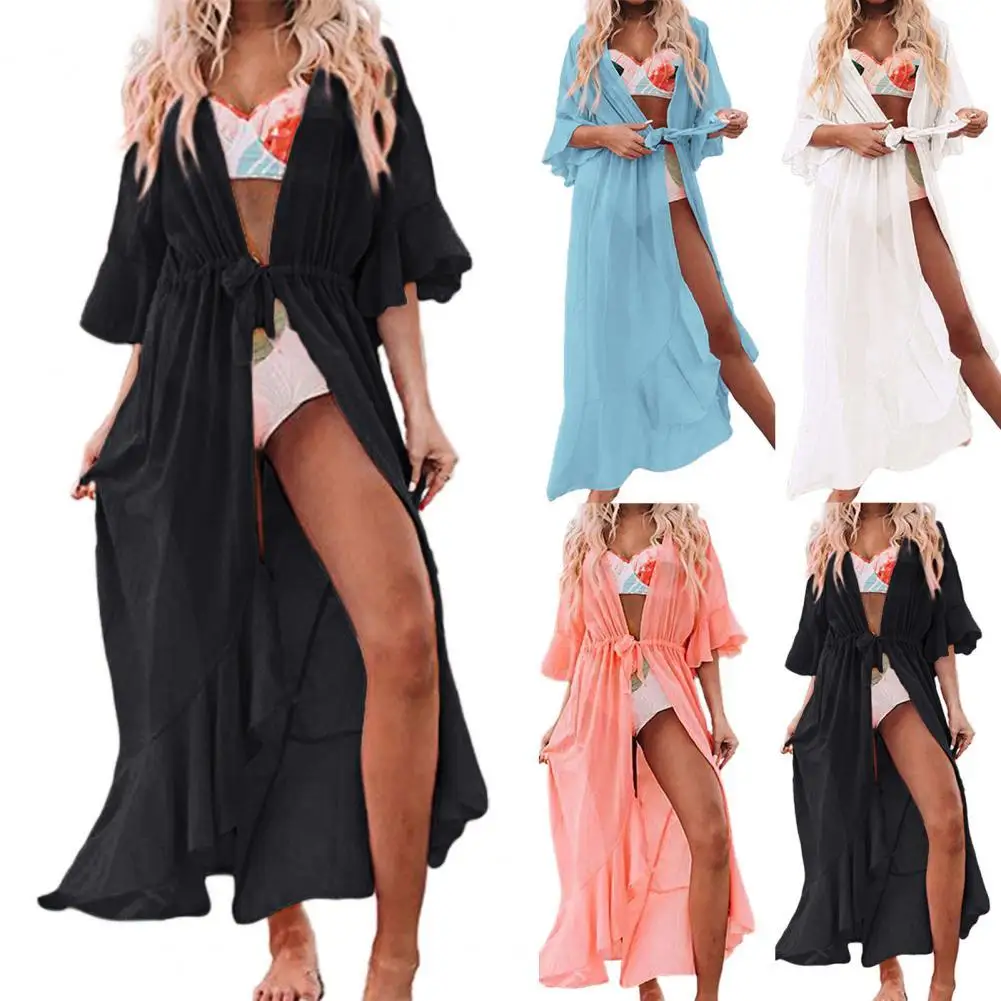 

50% Hot Sales Solid Color Half Sleeve See-Through Ruffle Swimmwear Cover Up Bikini Coat Beach Wear for Summer