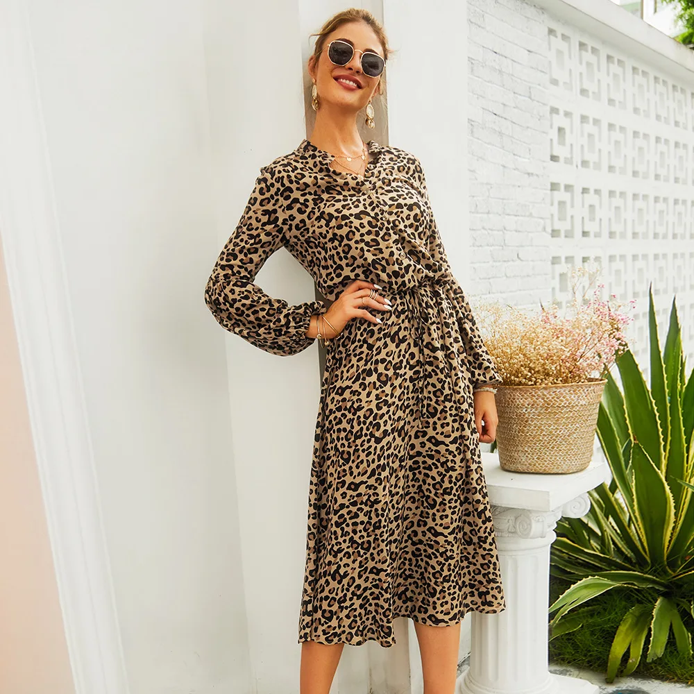 

Spring And Summer Women's Dresses New Light Mature Wind Hedging Leopard Print V-Neck Long-Sleeved Mid-Length Dress