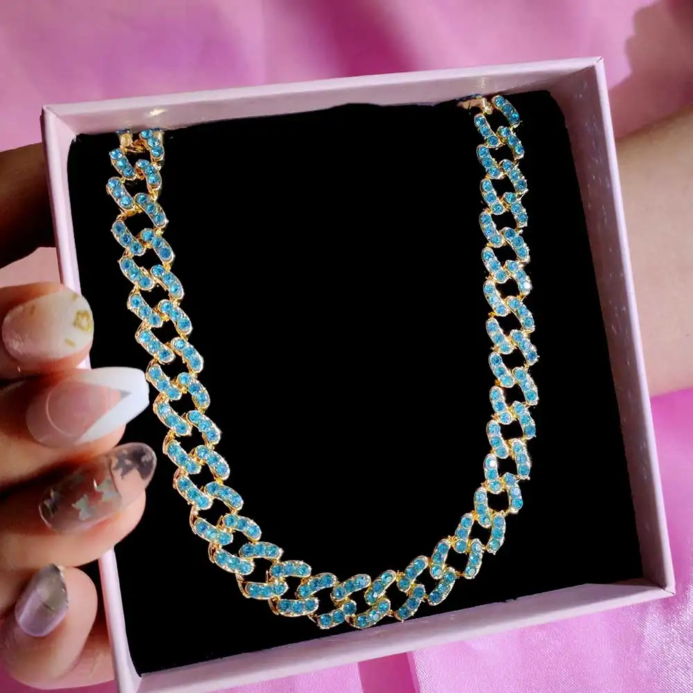 Iced Out Clear Crystal Miami Curb Cuban Chain For Women Men Hip Hop Mixed Color Link Choker Rapper New Jewelry Gifts | Украшения и