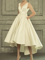 elegant vestidos de novia ivory short wedding dresses high low v neck satin with pockets cheap bridal gown %d1%81%d0%b2%d0%b0%d0%b4%d0%b5%d0%b1%d0%bd%d0%be%d0%b5 %d0%bf%d0%bb%d0%b0%d1%82%d1%8c%d0%b5