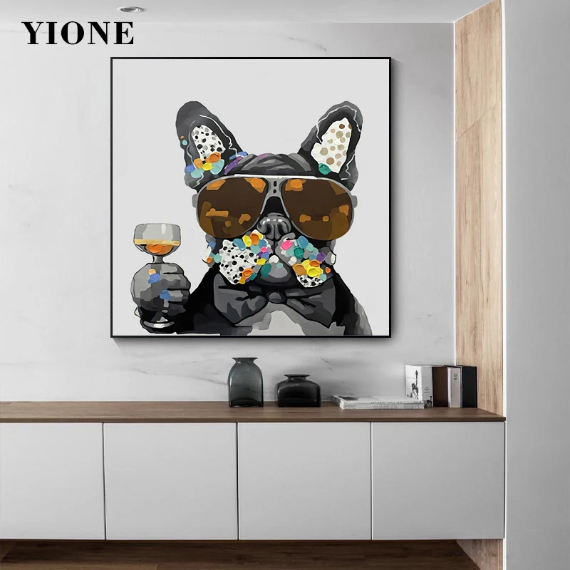 

Graffiti French Bulldog Canvas Oil Painting Funny Animal Dog Sunglasses Wine Glass Wall Picture Prints Art Poster for Living
