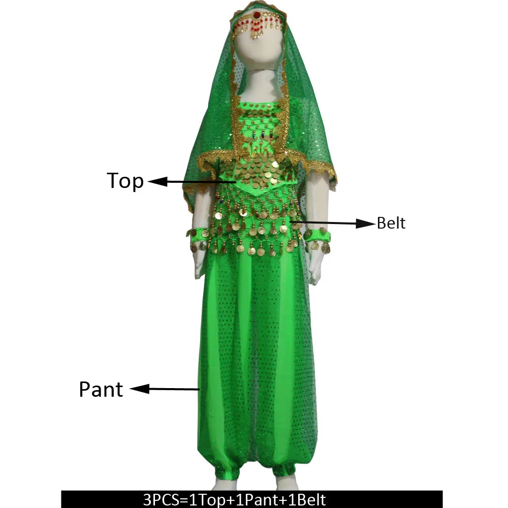 Green 3pcs Детский набор костюма для танца живота Восточные Танцевальные костюмы для девочек Египетский Болливуд индийский танец живота одежда Индия 8 цветов - Цвет: Green 3pcs