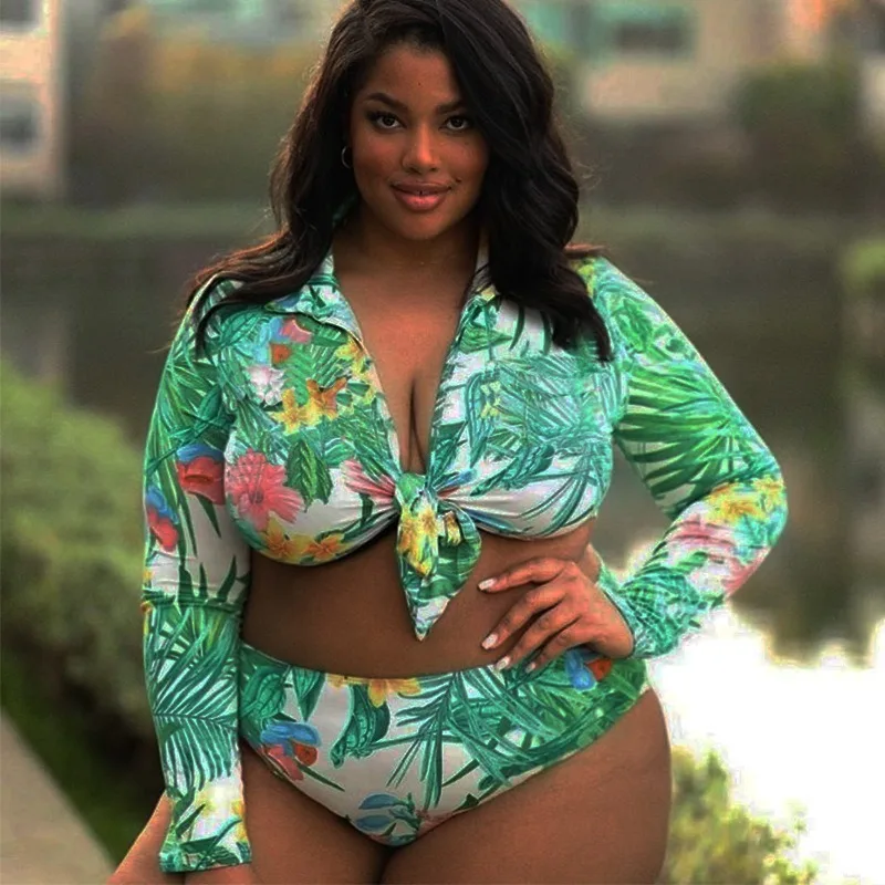 Maiô de Duas Peças de Banho Tamanho Grande Feminino Folha Impressão Monokini Cintura Alta Maiô 2021 Verão Manga Longa Beachwear S-5xl