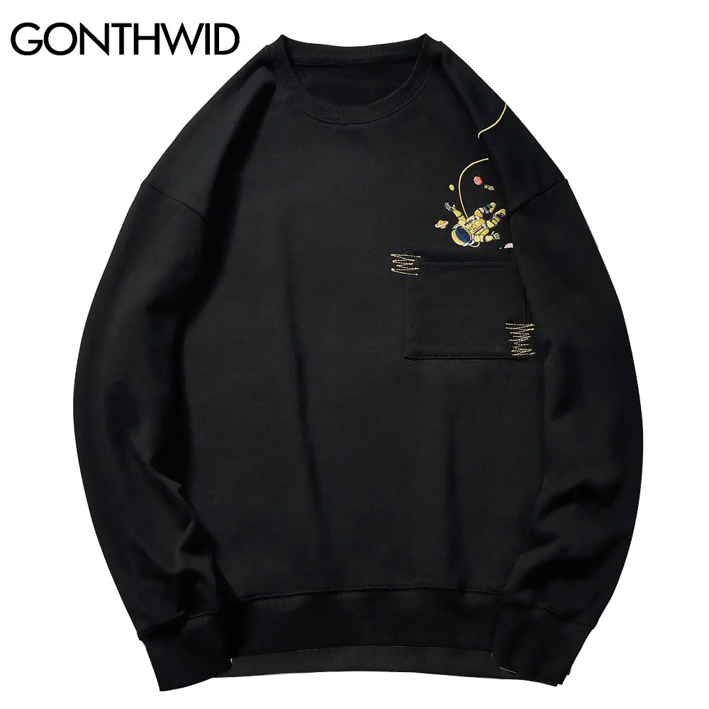 

GONTHWID Hip Hop Front Pocket Embroidery Astronaut Planets Sweatshirts Streetwear Men Harajuku Fashion Casual Hoodies Tops Coats