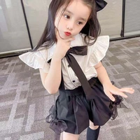 childrens wear foreign trade summer girls suit college wind fly sleeve shirt and shorts two piece set