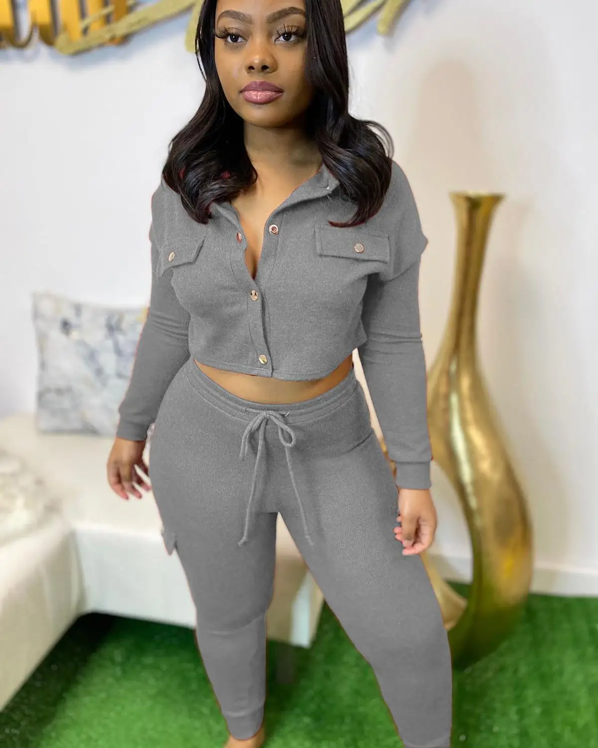 

Two Pieces Women Casual Sets Deep V-Neck Long Sleeve Single Breasted Short Tops High Waist Cargo Pants Tracksuits Sports Party
