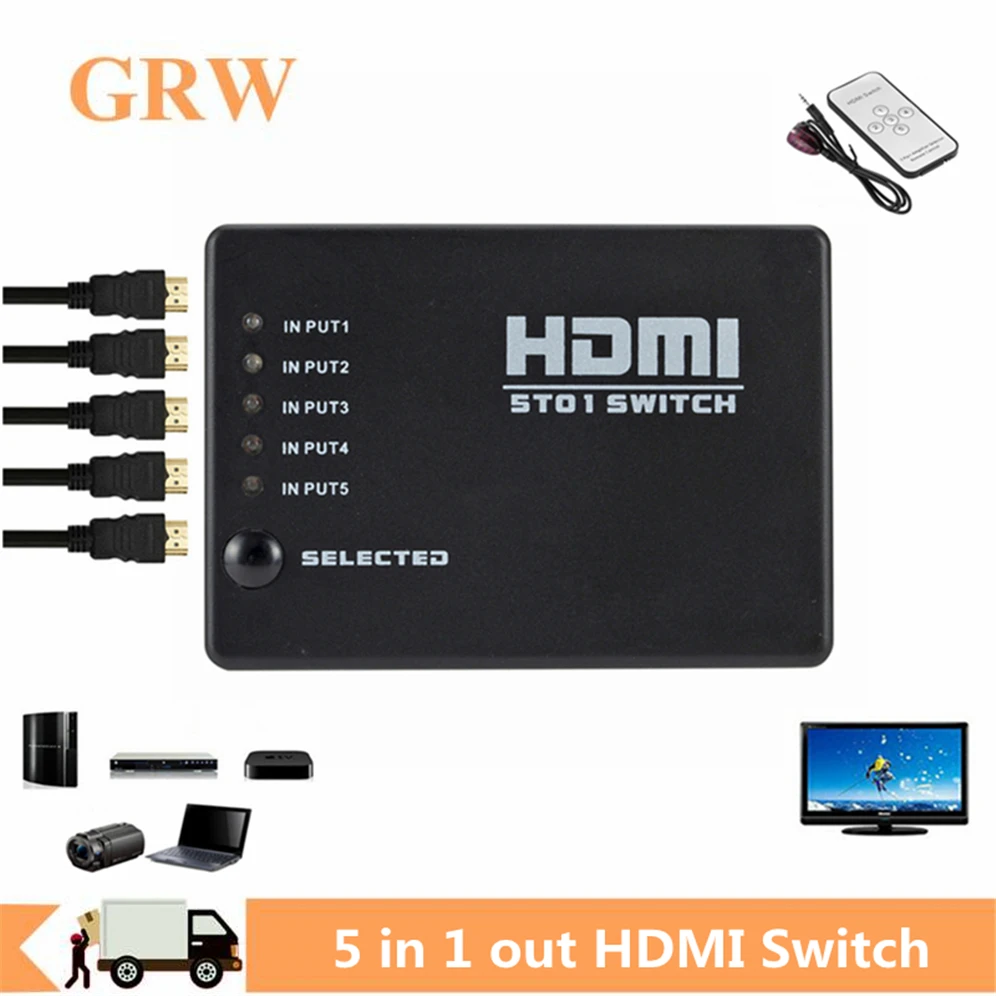 

GRWIBEOU 5 Port Video HDMI Switch Selector 5 IN 1 Out Switcher Splitter Hub & IR Remote 1080p For HDTV PS3 DVD