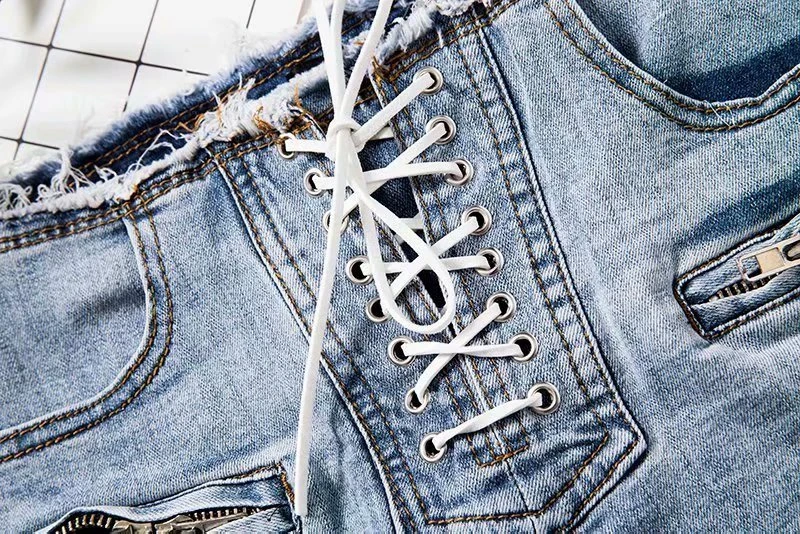 

Women Loose Mid waist crimping denim shorts Fitness cotton pockets lace-up short jeans