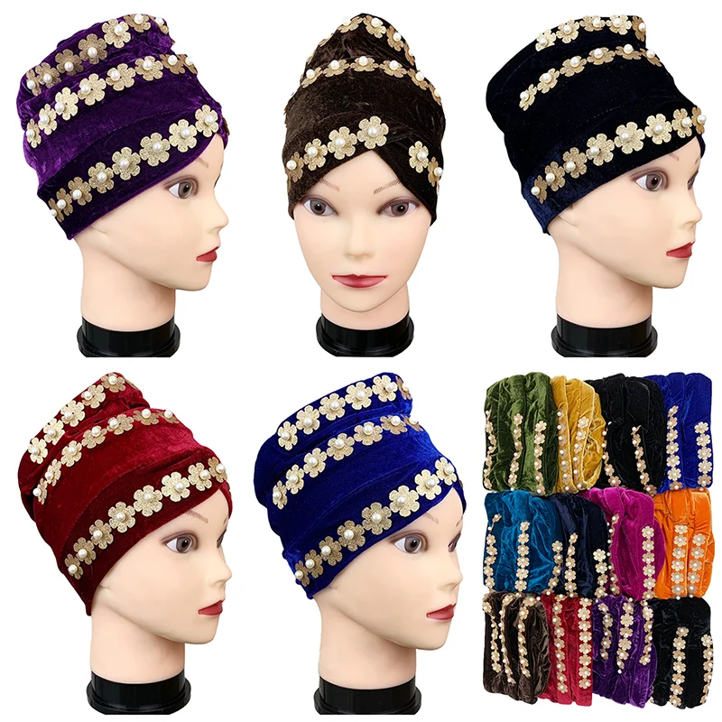 Wholesale Main Stream New Fashion Velvet  Women Muslim Turban Color Cotton Bandanas Bead Braid Headwraps Women Hair Accessories