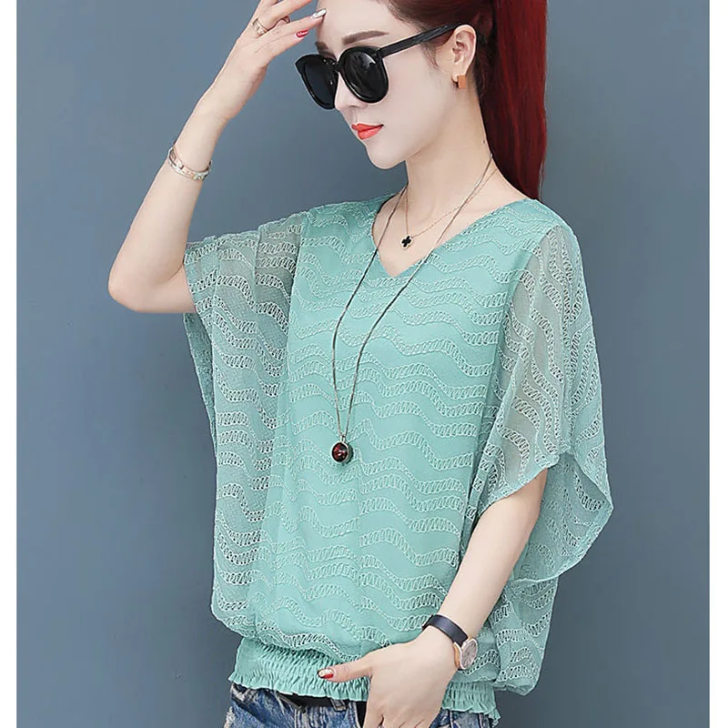 Женская шифоновая блуза с рукавами летучая мышь и V-образным вырезом | одежда