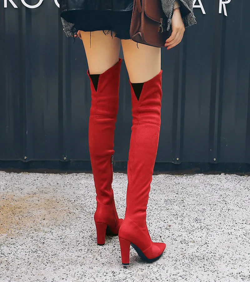 Женские замшевые ботфорты с острым носком вечерние v-образным вырезом на молнии |