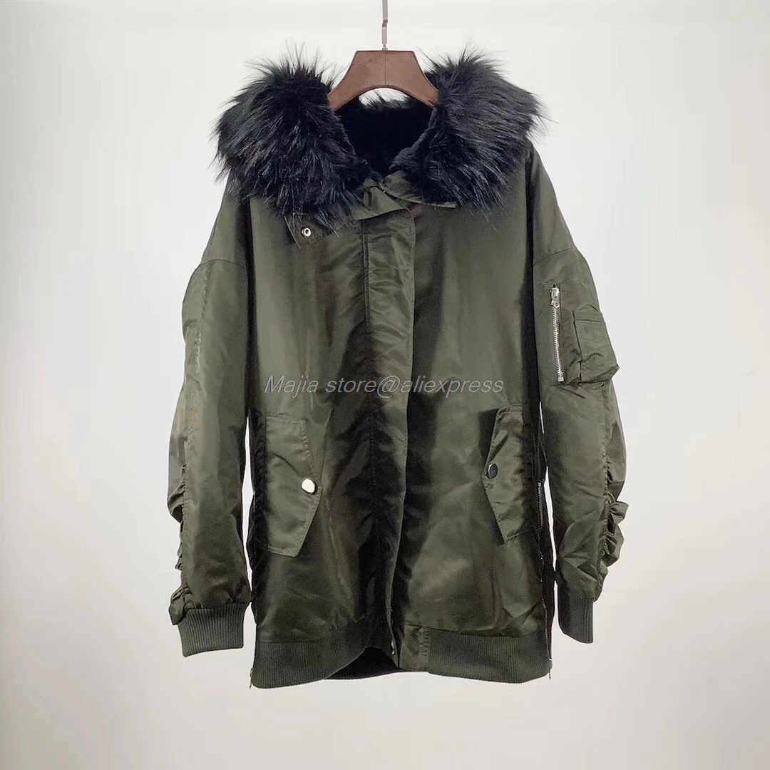 fall and winter fur hooded women amy green cotton warm long jacket coat
