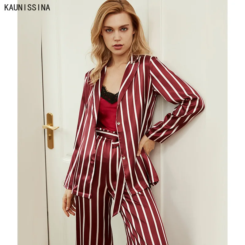 

3pcs Pajamas Sets Women Imitation Silk Striped Lingerie Robe Pyjamas Female Sleepwear Spring Autumn Sexy Nightwear Home Clothing