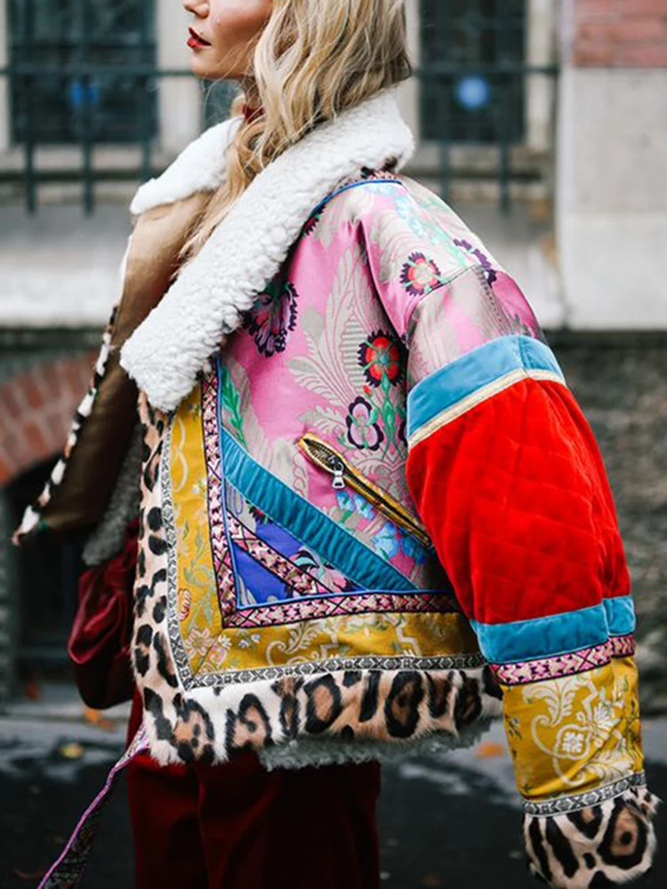 2023 Autumn Winter New Coat Women Down Jacket National Style Coats Street Short Print Warm Leopard Chic Patchwork Padded Jacket
