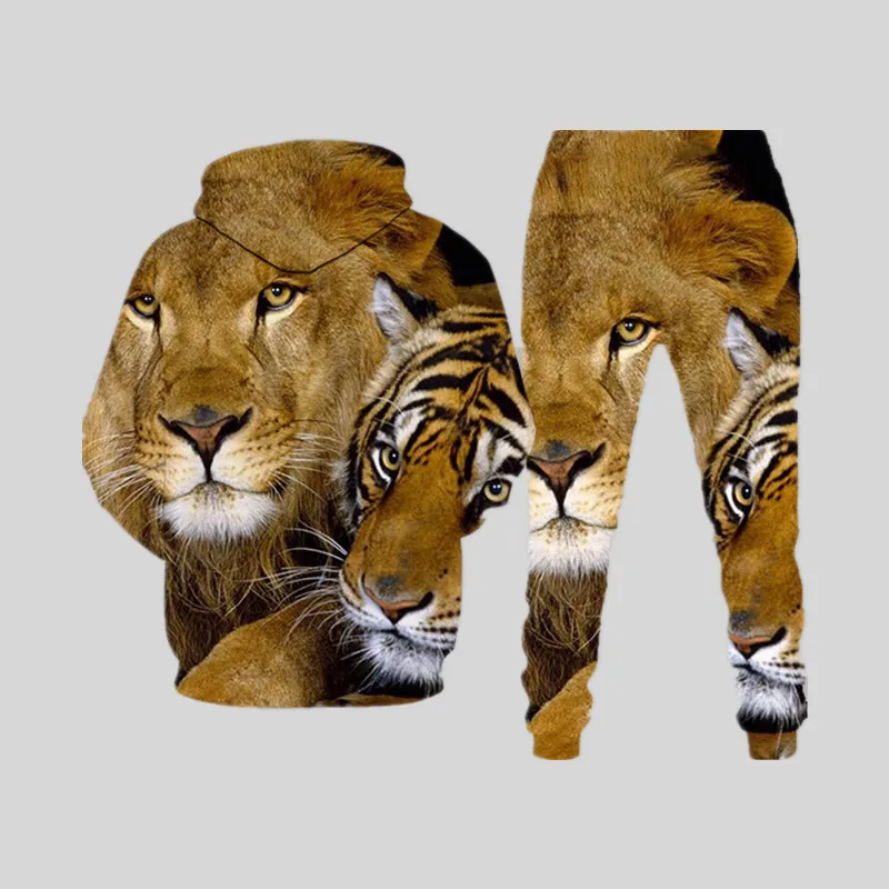 2021 Autumn Trendy Hoodie Sweatshirt Men's Sets Lion 3d Printed Hip Hop Funny Clothing Outfits Long Sleeve Tops and Pants Suit