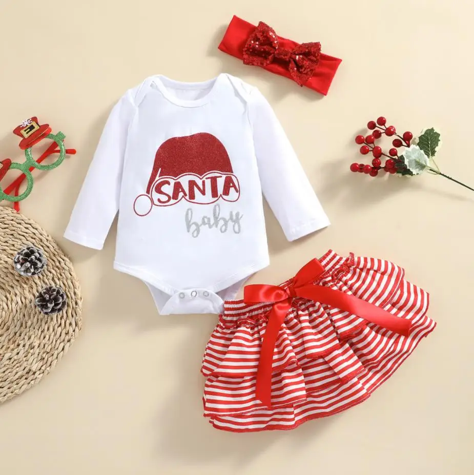 

Sweety Girl Christmas Clothes Set Letter Long Sleeve Romper Stripe Short Skirt Headband Xmas Children Clothing Sets
