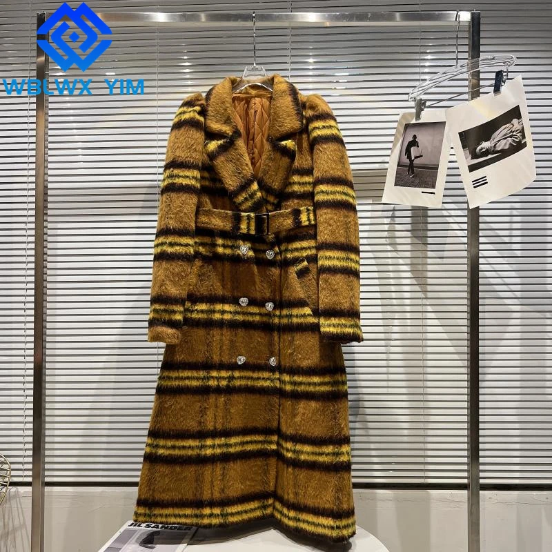 

Winter Faux Mink Fur Coat Women Double breasted Fashion Diamond Loose Faux Fur Jacket Thick Warm Long Overcoat Fmeale With Belt