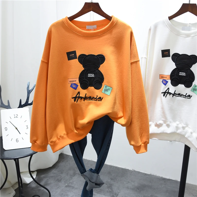 

2021 Spring Autumn Women Sweatshirt Round-Neck Non-Hoodie Fashion Student Top Cartoon Patch Embroidered Bear Long Sleeves Hoodie